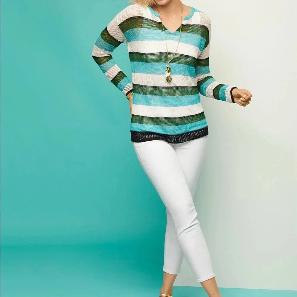Striped V-Neck Lightweight Sweater - Teal & White